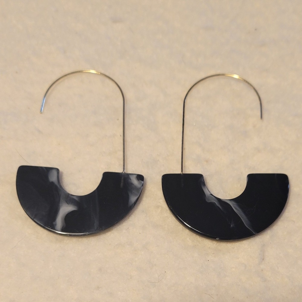 Vintage Unsigned Black Acrylic Half Hoop Modern Style French Hook 2.25" Earrings